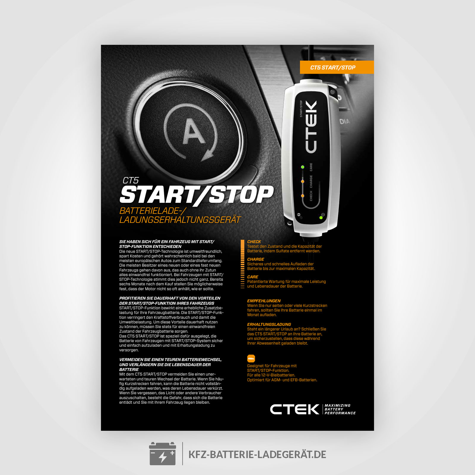 CTEK CT5 Start-Stop Ladegerät für 12 Volt Batterien mit Start