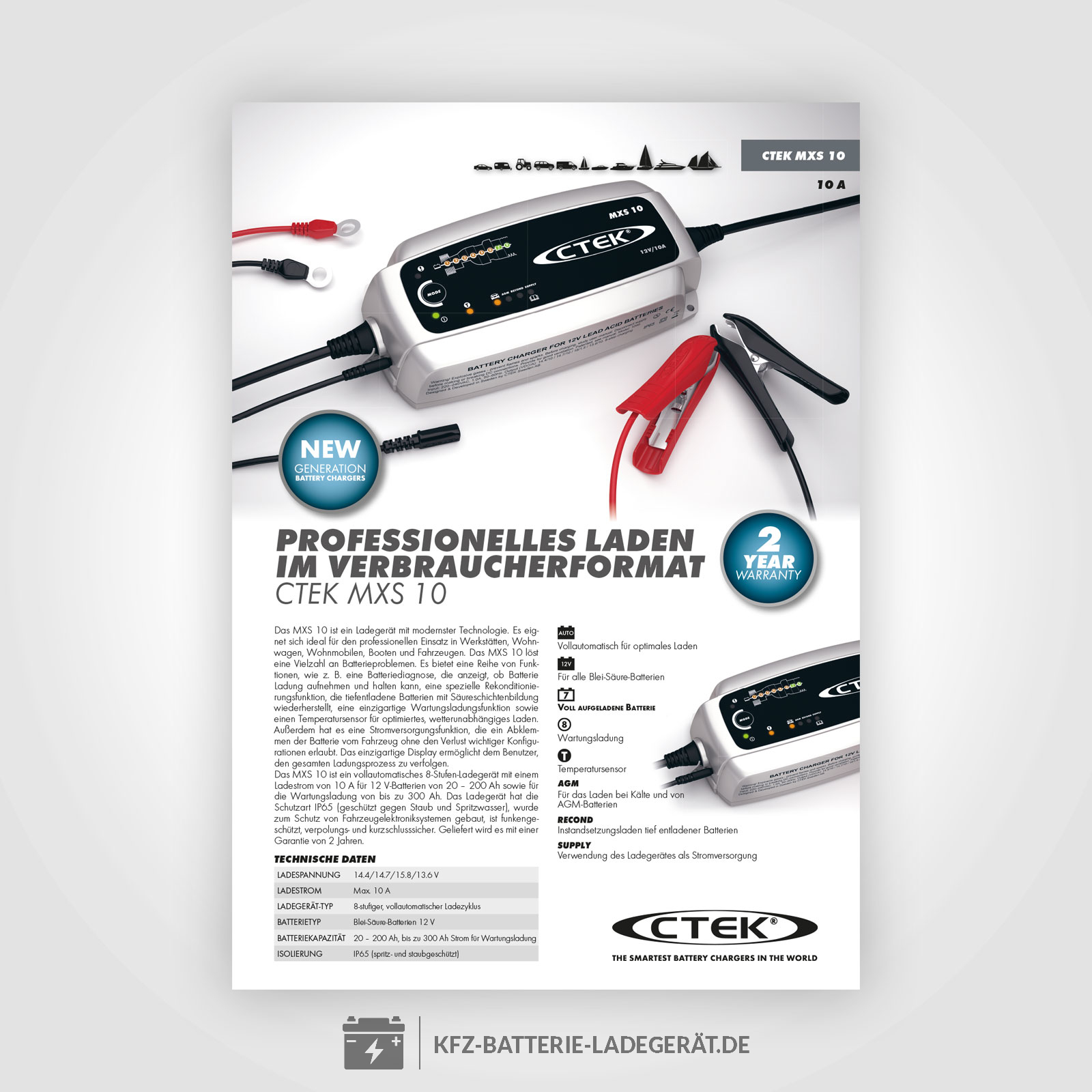 CTEK MXS 10 Autobatterie-Ladegerät mit Temperaturausgleich, 12